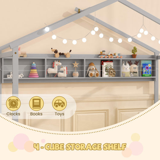 Twin Size House Bed with Storage Shelf and Headboard-Gray