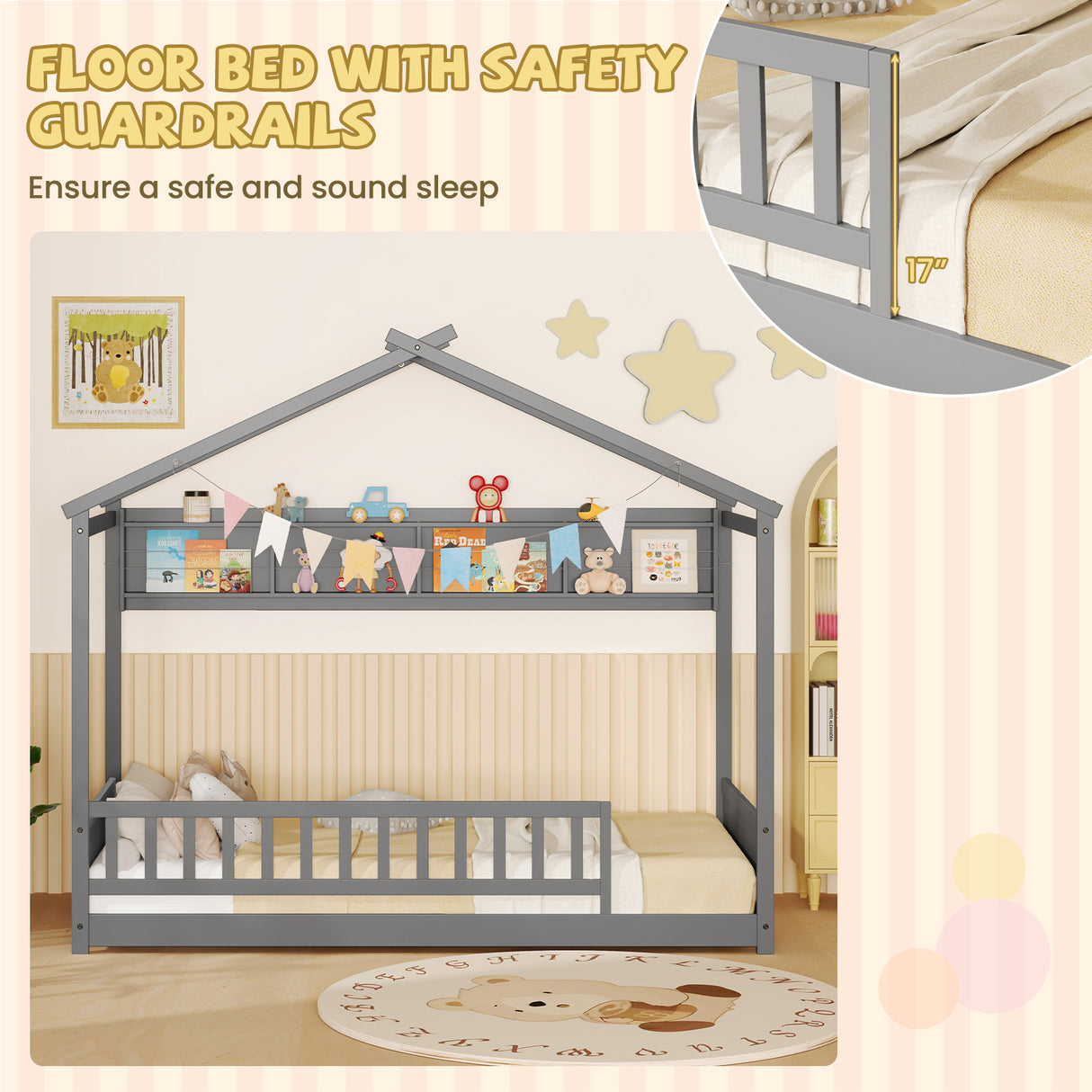 Twin Size House Bed with Storage Shelf and Headboard-Gray