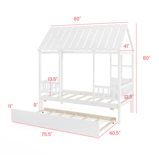 Twin Size House Bed with Trundle Kids Platform Bed with Roof Window-White