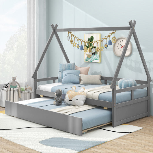 Twin Size House Bed with Trundle and Safety Guardrail-Gray