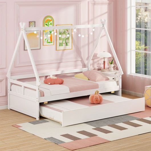 Twin Size House Bed with Trundle and Safety Guardrail-White