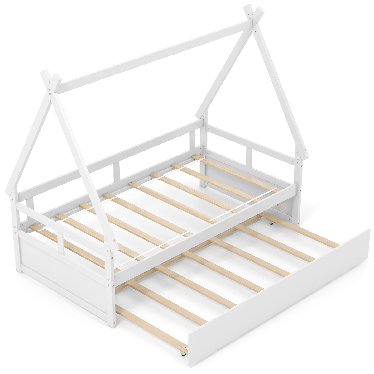 Twin Size House Bed with Trundle and Safety Guardrail-White