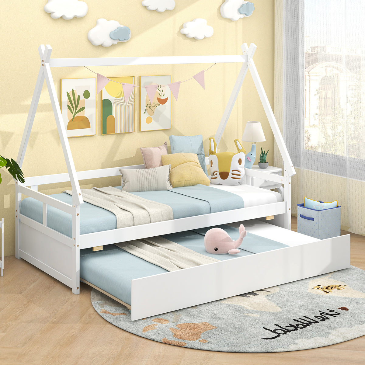Twin Size House Bed with Trundle and Safety Guardrail-White