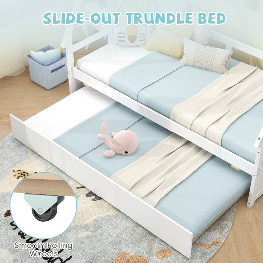 Twin Size House Bed with Trundle and Safety Guardrail-White