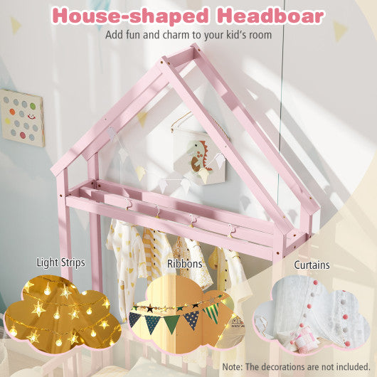 Twin Size House Floor Bed with House-shaped Headboard-Pink