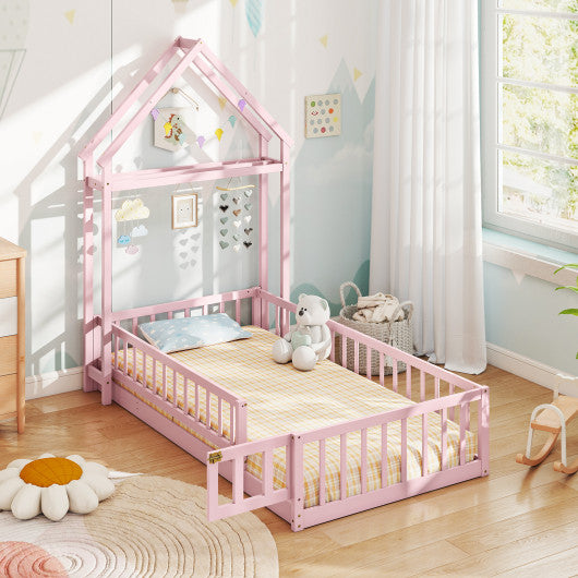 Twin Size House Floor Bed with House-shaped Headboard-Pink