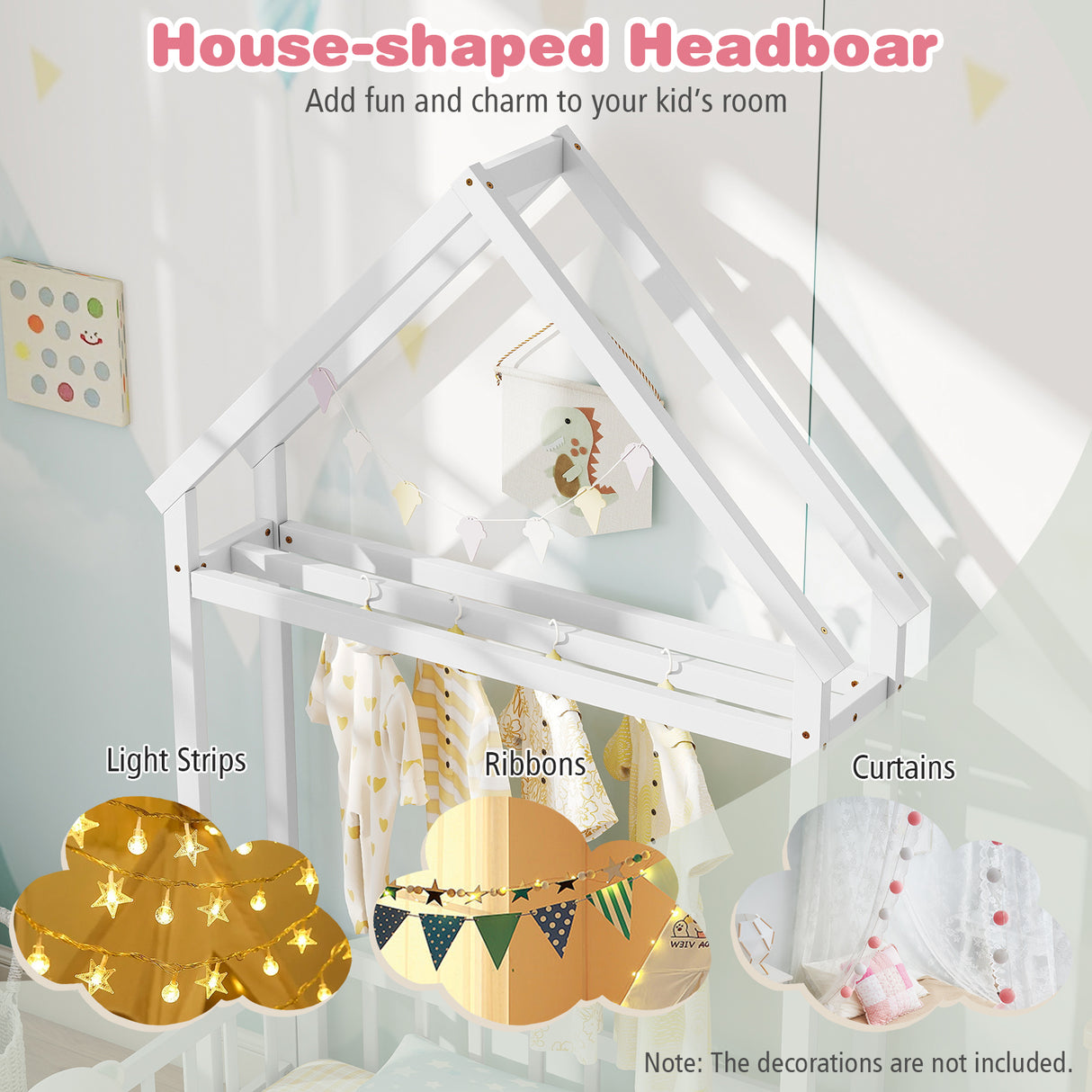 Twin Size House Floor Bed with House-shaped Headboard-White