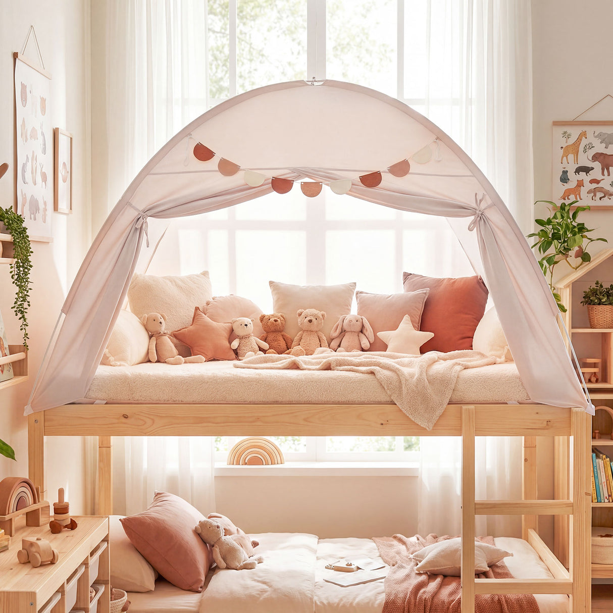 Twin Size Indoor Canopy Tent for Kids with 2 Window and Suits 3+-Beige
