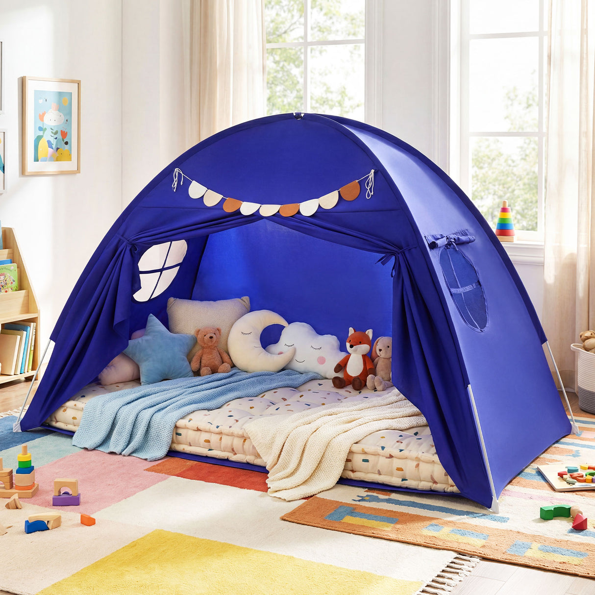 Twin Size Indoor Canopy Tent for Kids with 2 Window and Suits 3+-Navy