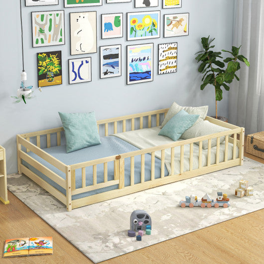 Twin Size Kids Wood Montessori Floor Bed with Door and Fence-Natural