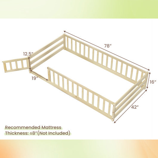 Twin Size Kids Wood Montessori Floor Bed with Door and Fence-Natural