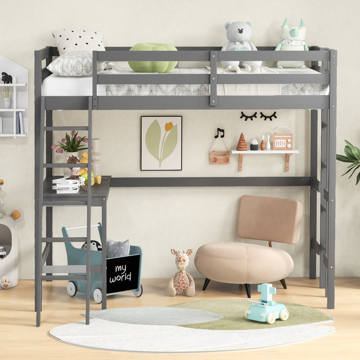 Twin Size Loft Bed Frame with Desk Angled and Built-in Ladder-White