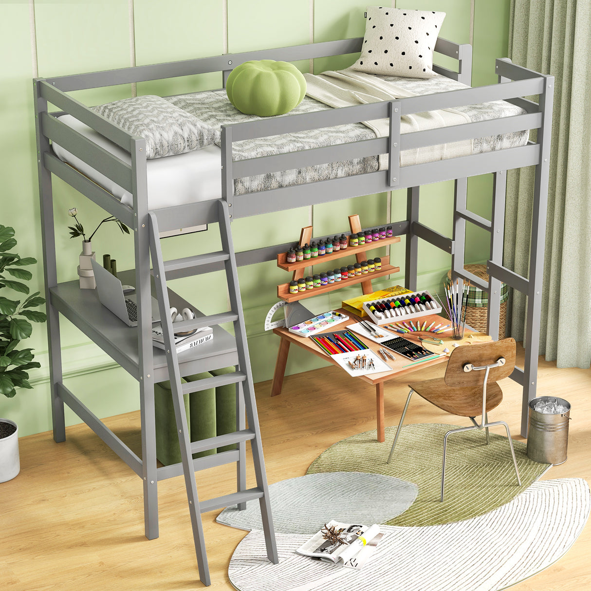 Twin Size Loft Bed Frame with Desk Angled and Built-in Ladder-White