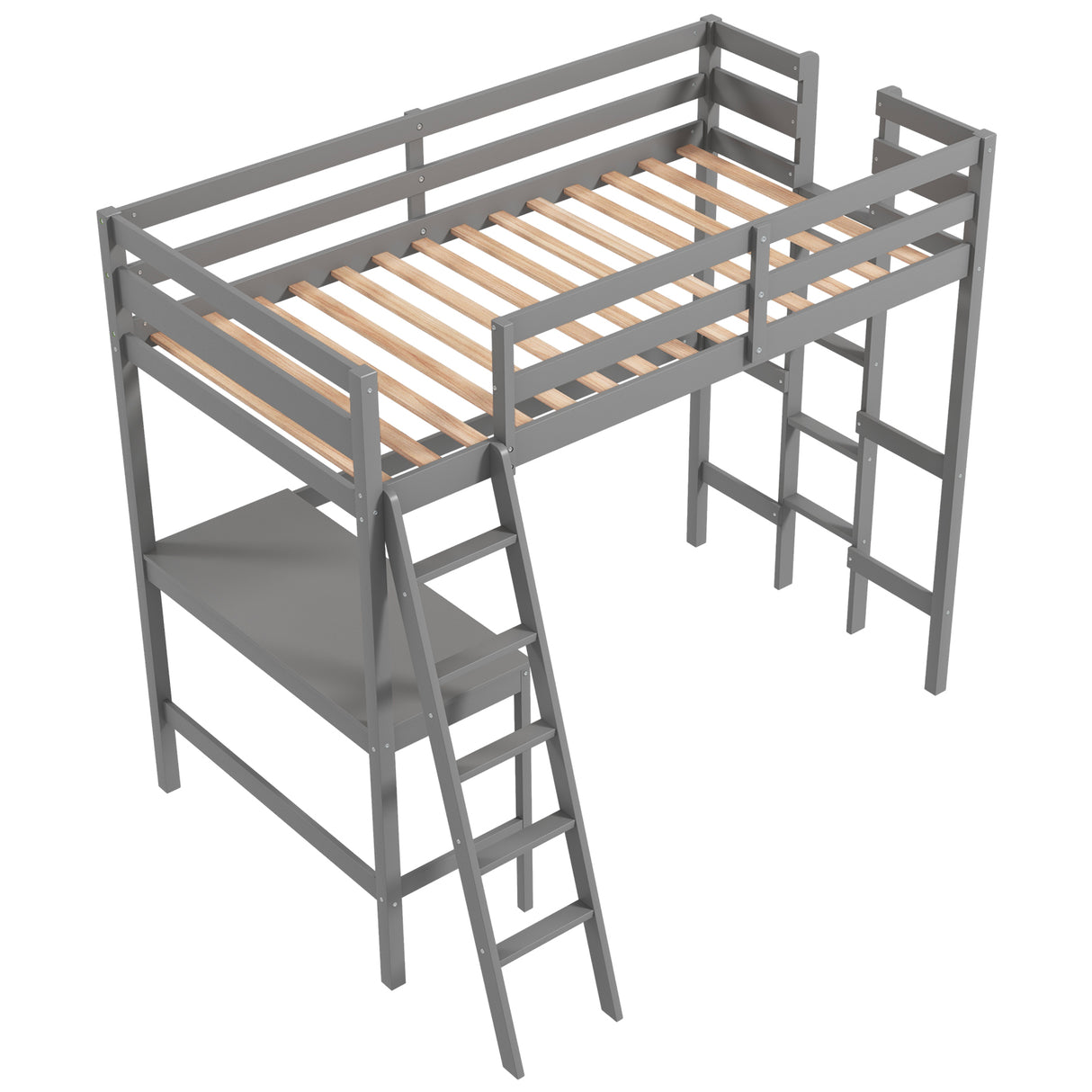 Twin Size Loft Bed Frame with Desk Angled and Built-in Ladder-White