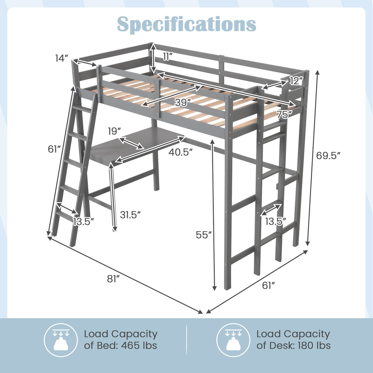 Twin Size Loft Bed Frame with Desk Angled and Built-in Ladder-White