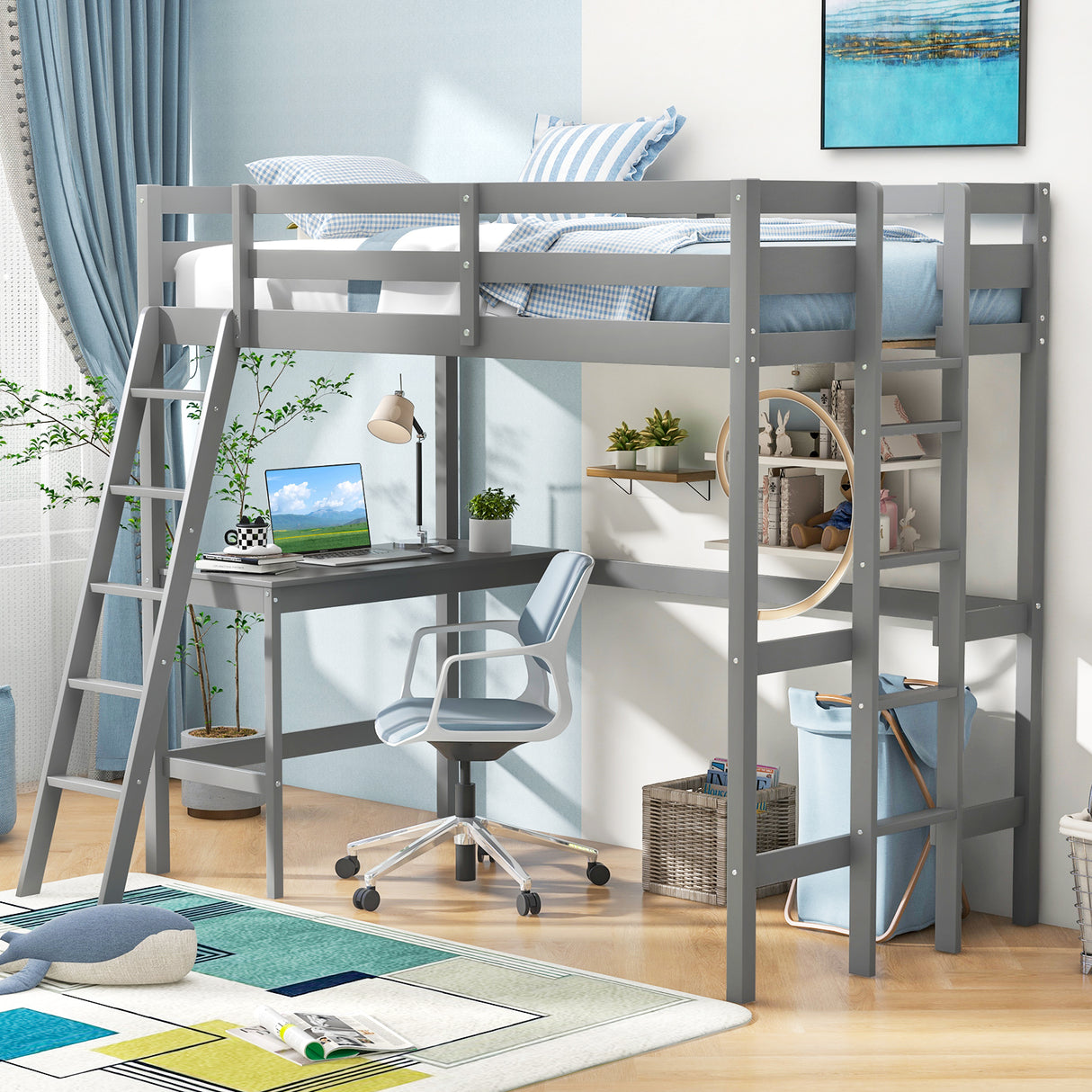 Twin Size Loft Bed Frame with Desk Angled and Built-in Ladder-White