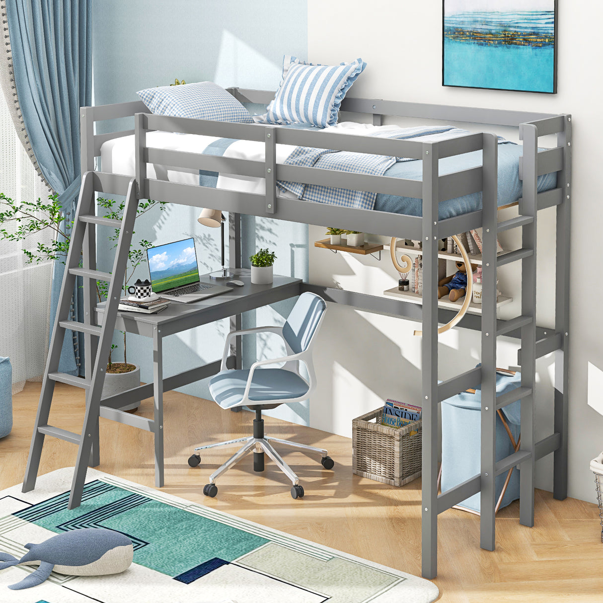 Twin Size Loft Bed Frame with Desk Angled and Built-in Ladder-White