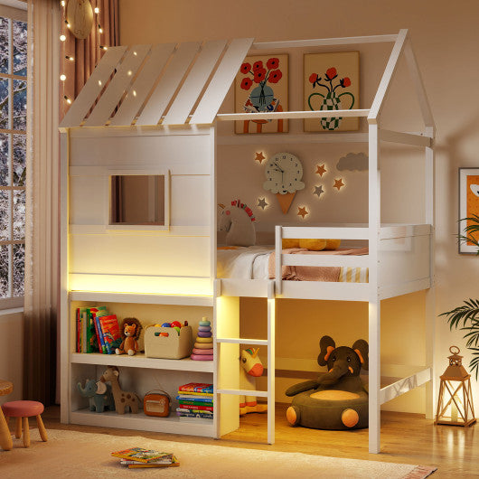 Twin Size Loft Bed with LED Lights Roof Window and Storage Bookshelf-White
