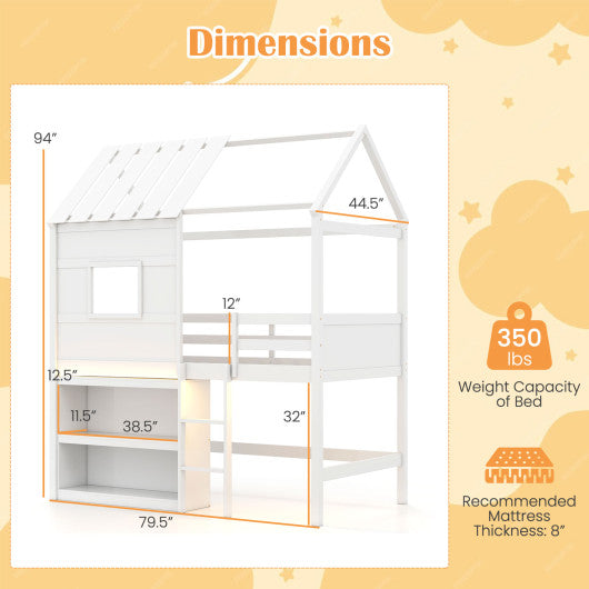 Twin Size Loft Bed with LED Lights Roof Window and Storage Bookshelf-White