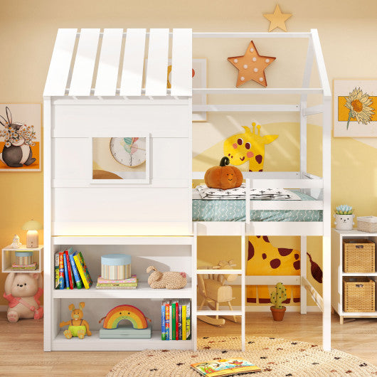 Twin Size Loft Bed with LED Lights Roof Window and Storage Bookshelf-White