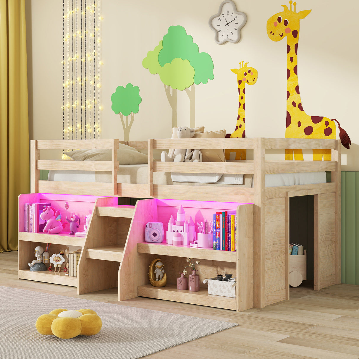 Twin Size Loft Bed with LED Lights with Staircase and Safety Guardrail-Natural