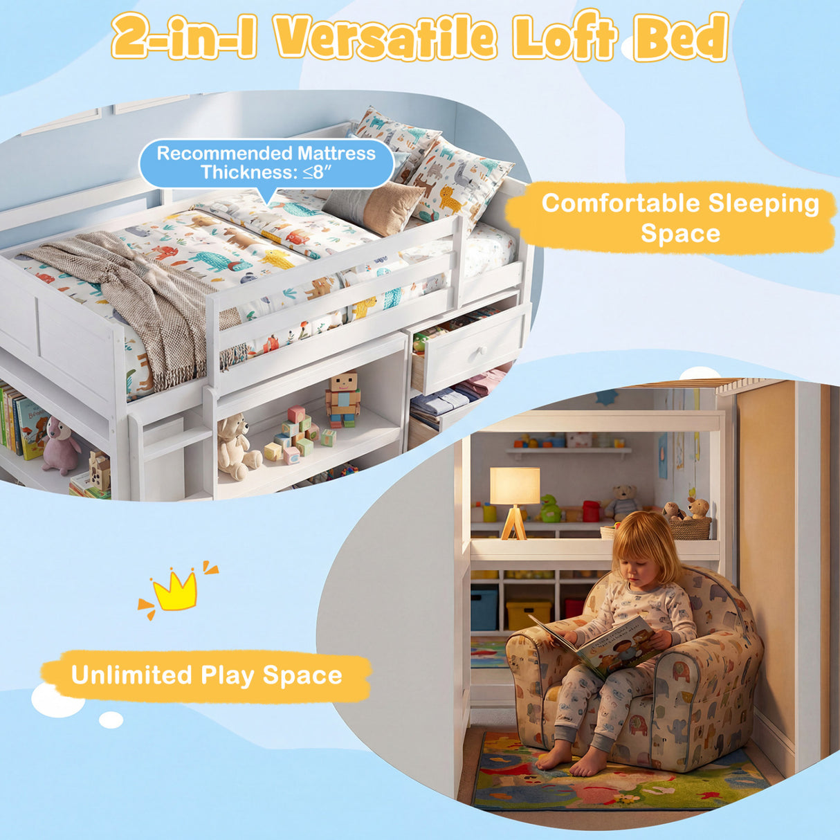 Twin Size Loft Bed with LED Lights and Underbed Space for Kids-White