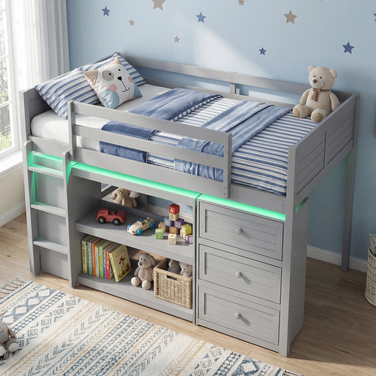 Twin Size Loft Bed with LED Lights and Underbed Space for Kids-Gray