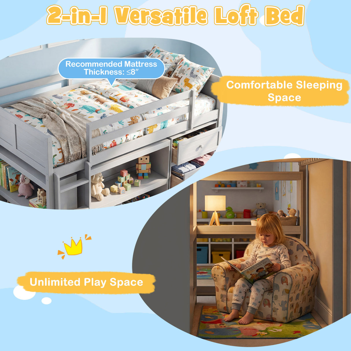 Twin Size Loft Bed with LED Lights and Underbed Space for Kids-Gray