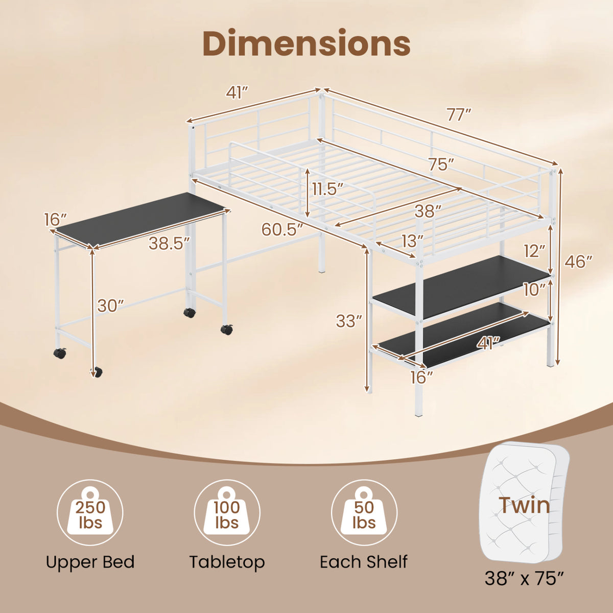 Twin Size Loft Bed with Rolling Desk and Bookshelf Platform Bed Frame-White