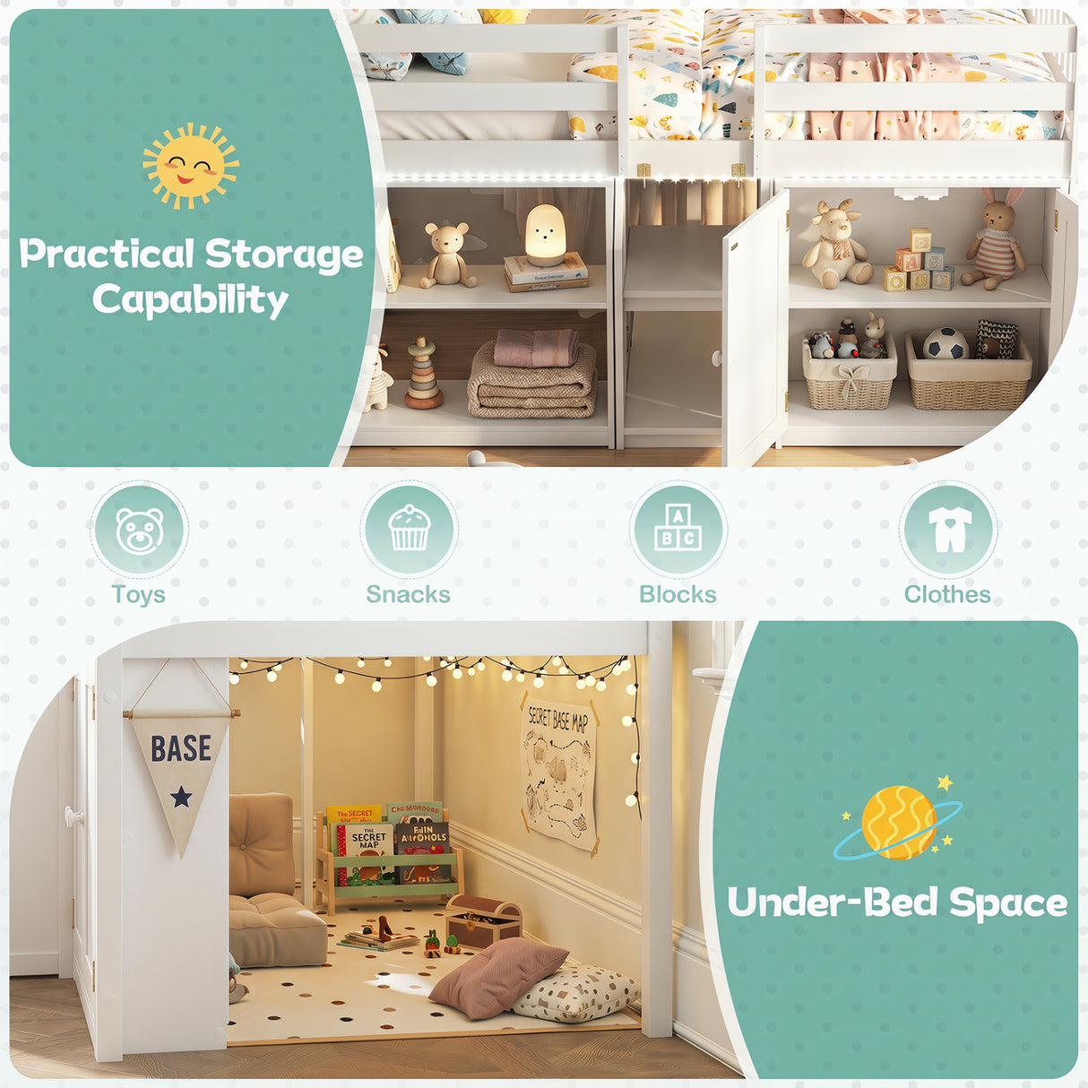 Twin Size Loft Bed with LED Lights and Kids Wooden Bed Frame-White