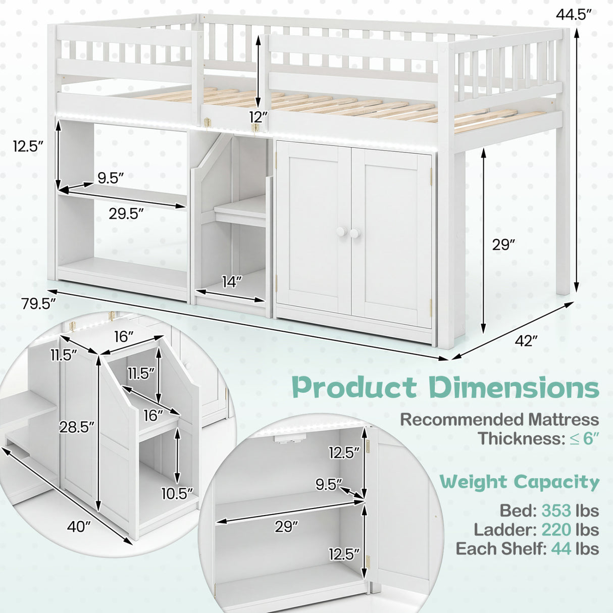 Twin Size Loft Bed with LED Lights and Kids Wooden Bed Frame-White