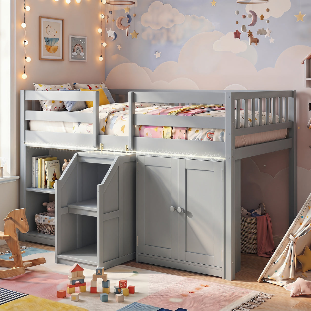 Twin Size Loft Bed with LED Lights and Kids Wooden Bed Frame-Gray