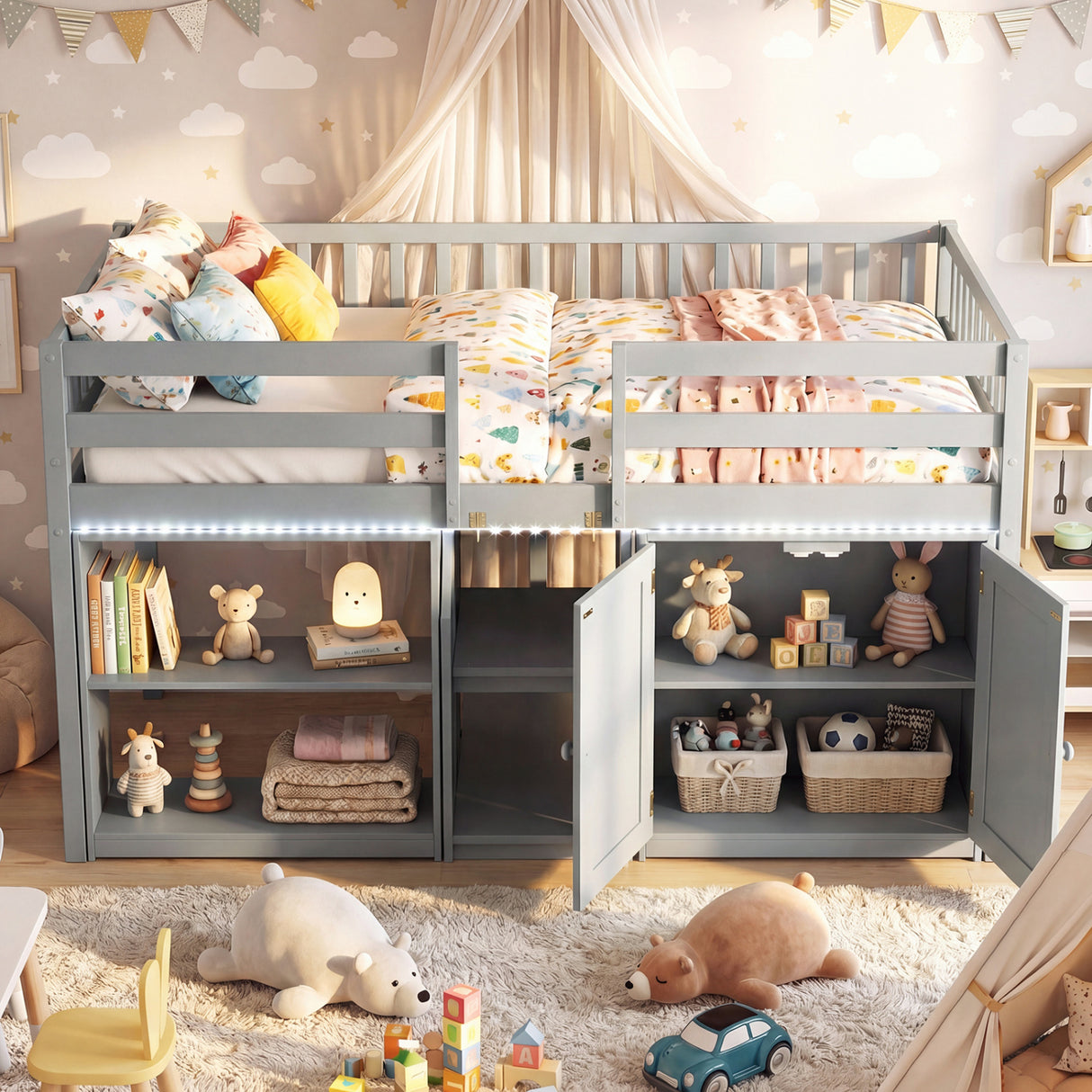 Twin Size Loft Bed with LED Lights and Kids Wooden Bed Frame-Gray