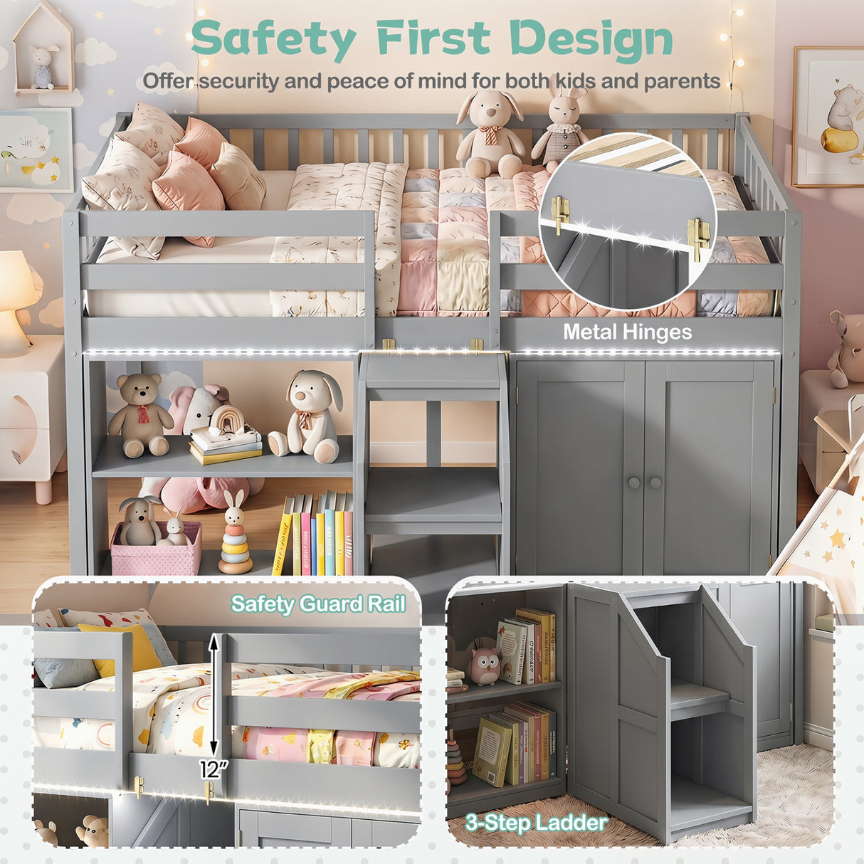 Twin Size Loft Bed with LED Lights and Kids Wooden Bed Frame-Gray