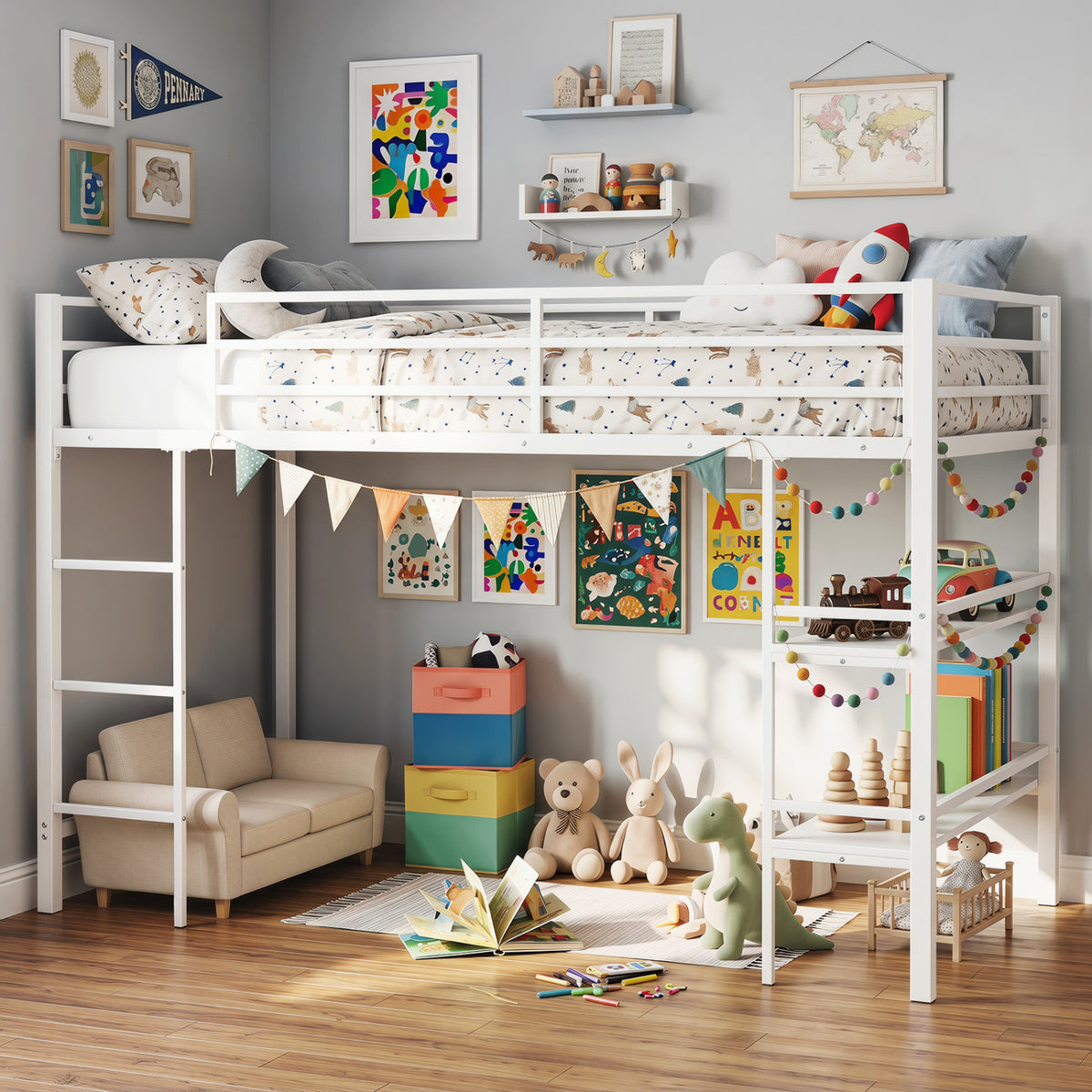 Twin Size Low Loft Bed with Ladder and Storage Shelves Metal Frame for Boys Girls-White