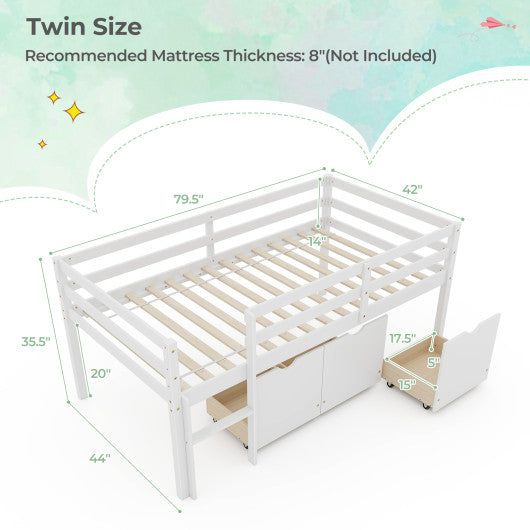 Twin Size Low Loft Bed with 3 Drawers with Ladder and Full-length Guardrails-White