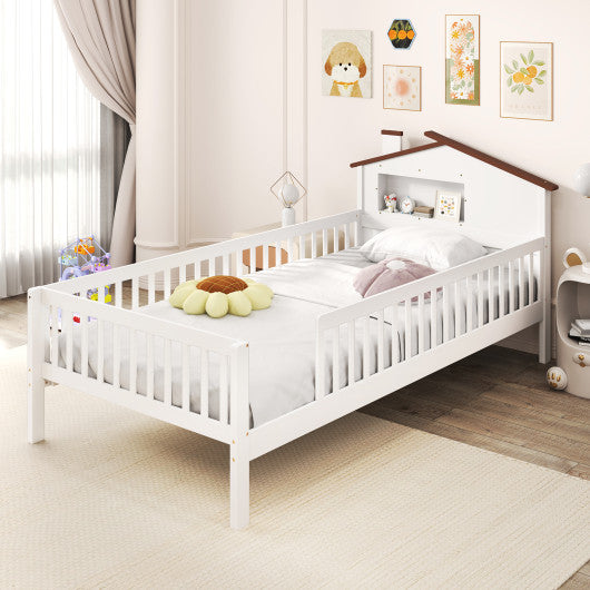 Twin Size Kids Montessori Bed with House-Shaped Headboard and Built-in Storage Shelf-White