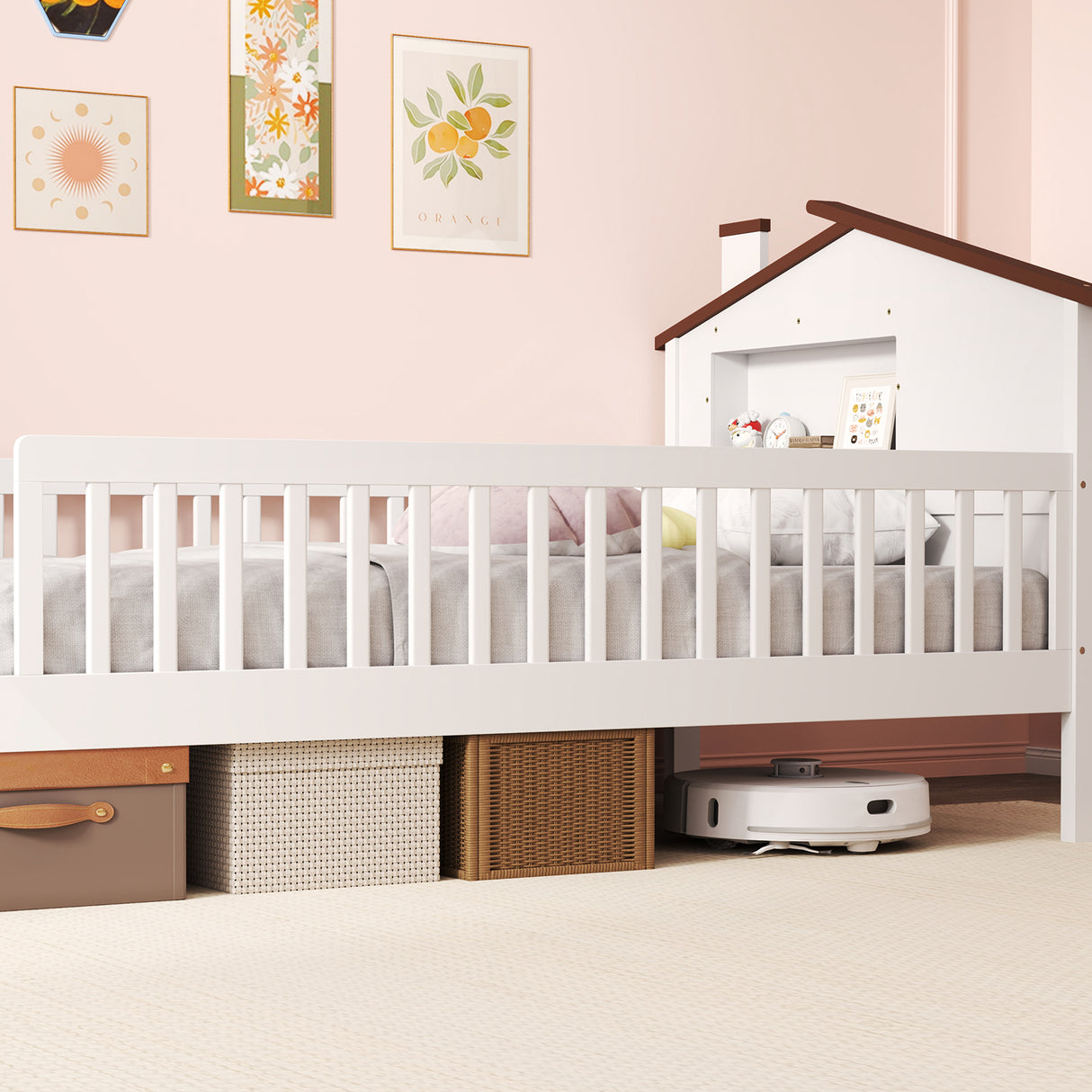 Twin Size Kids Montessori Bed with House-Shaped Headboard and Built-in Storage Shelf-White