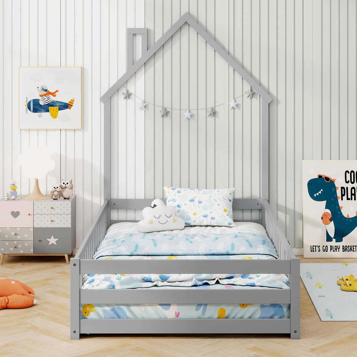Twin Size Montessori Floor Bed with Lockable Door and Full-Length Guardrail-Gray