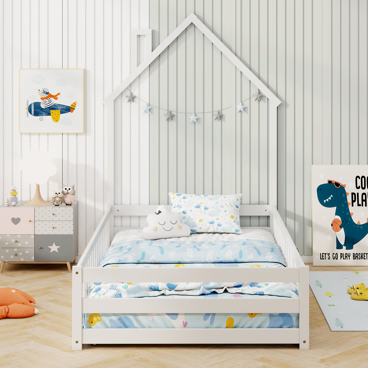 Twin Size Montessori Floor Bed with Lockable Door and Full-Length Guardrail-White