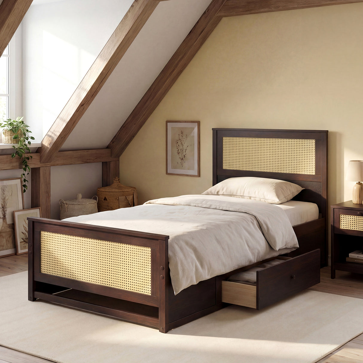 Twin Size Rattan Bed Frame with Storage Drawers-Coffee