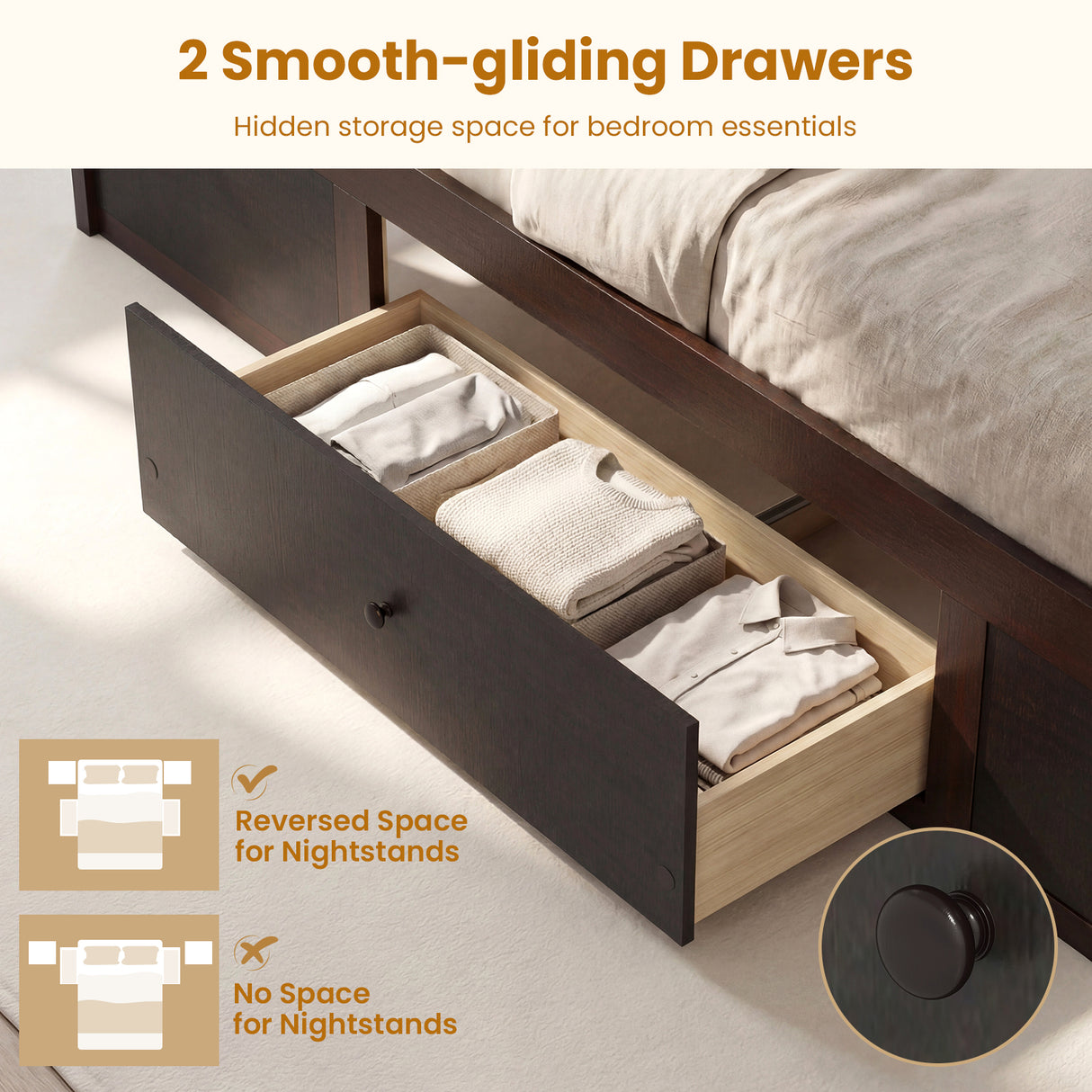 Twin Size Rattan Bed Frame with Storage Drawers-Coffee