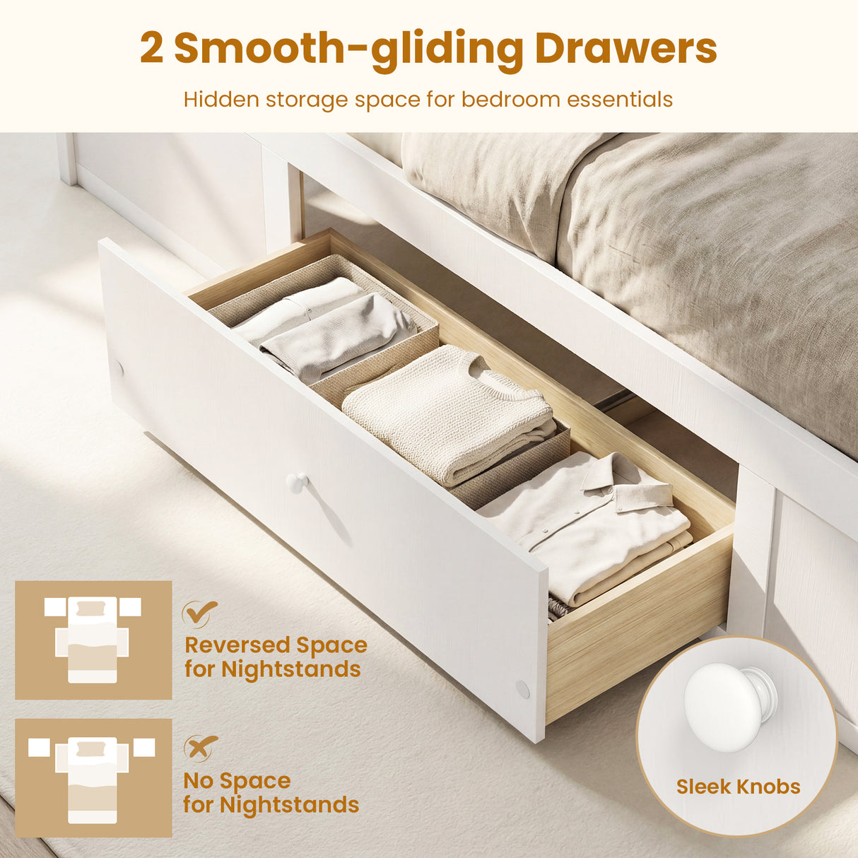 Twin Size Rattan Bed Frame with Storage Drawers-White