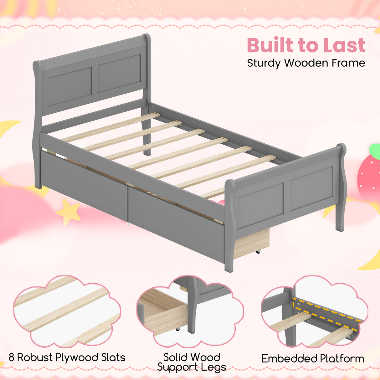 Twin Size Sleigh Bed with 2 Storage Drawers Wood Platform Bed Frame-Gray