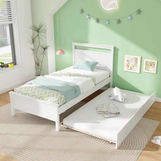 Twin Size Wooden Bed Frame with Trundle for Teens and Adults-White