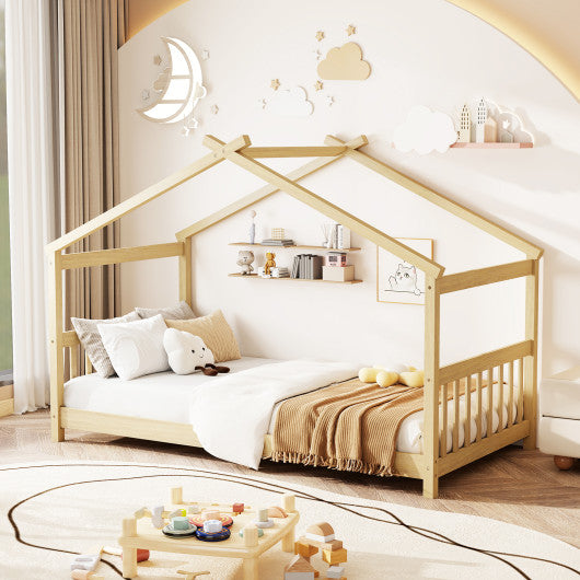 Twin Size Wooden House Bed with Roof-Natural