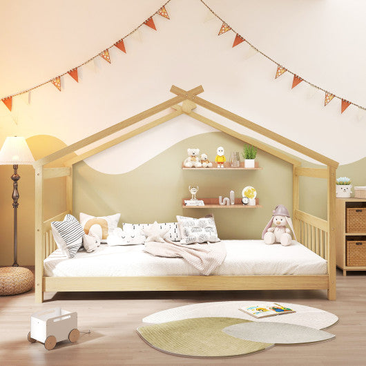Twin Size Wooden House Bed with Roof-Natural