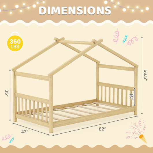 Twin Size Wooden House Bed with Roof-Natural