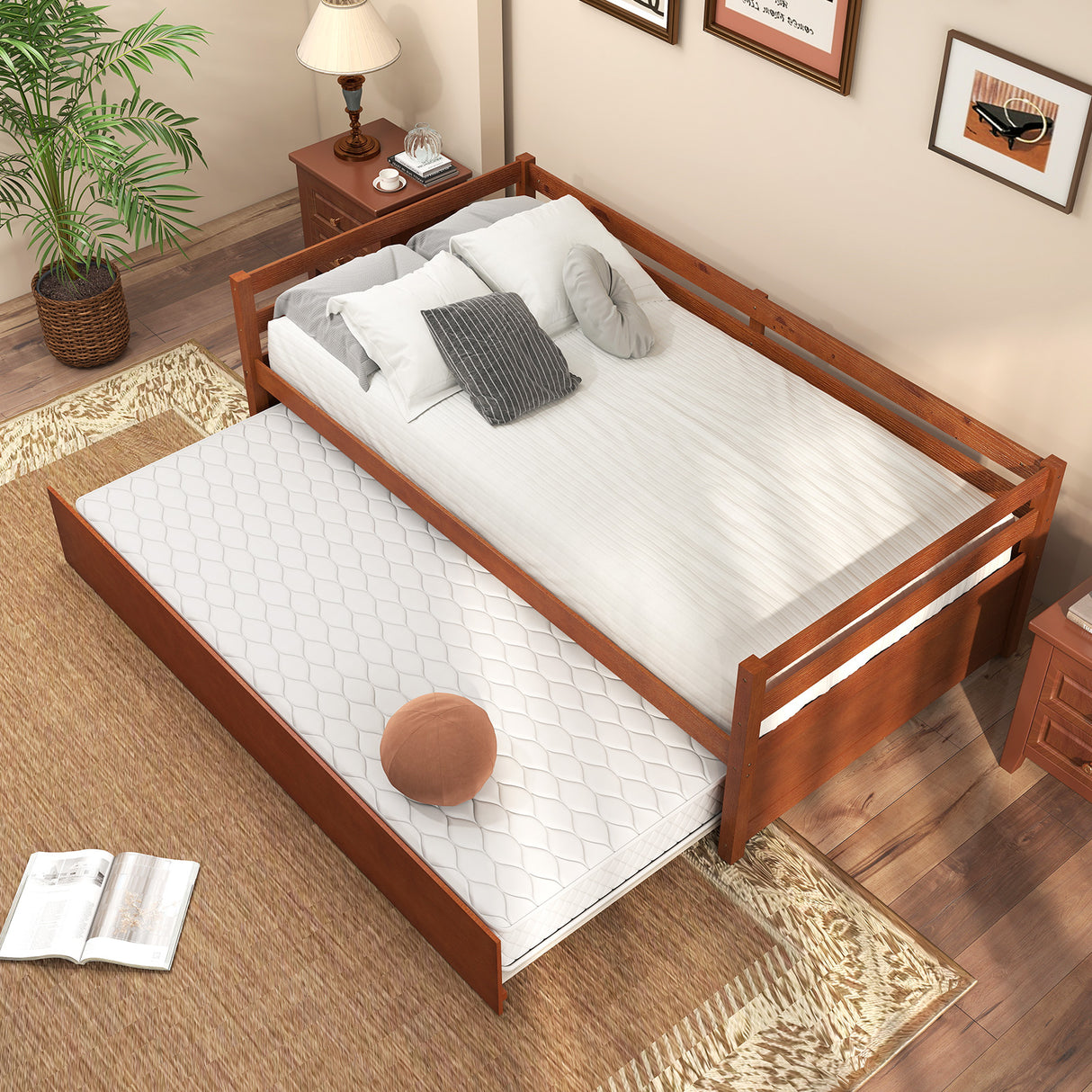 Twin Size Trundle Platform Bed Frame with Wooden Slat Support-Walnut