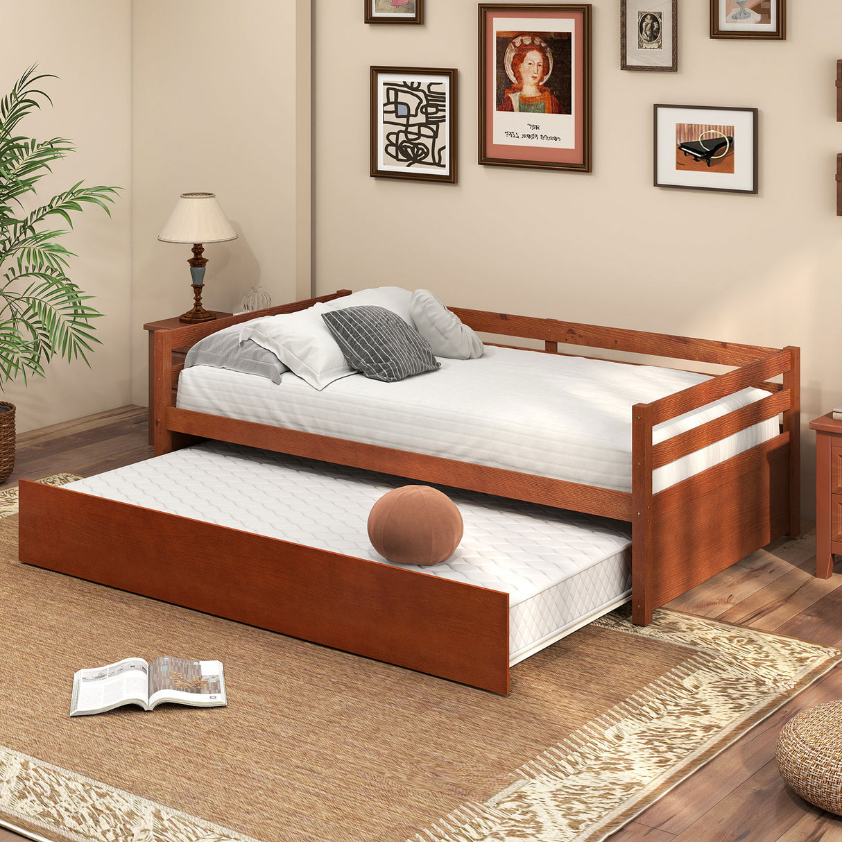 Twin Size Trundle Platform Bed Frame with Wooden Slat Support-Walnut